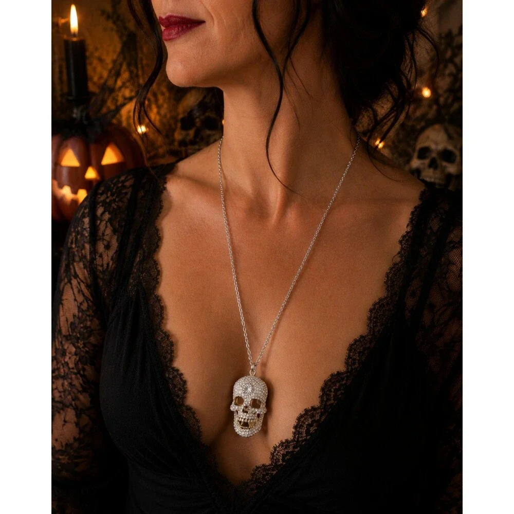 Rhinestone Skull Pendant Necklace, Gothic Halloween Statement Jewelry